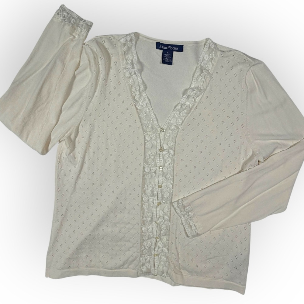 Evan-Picone Women White Pointelle Knit Lace Button Front Cardigan Cottagecore XL - Picture 3 of 10